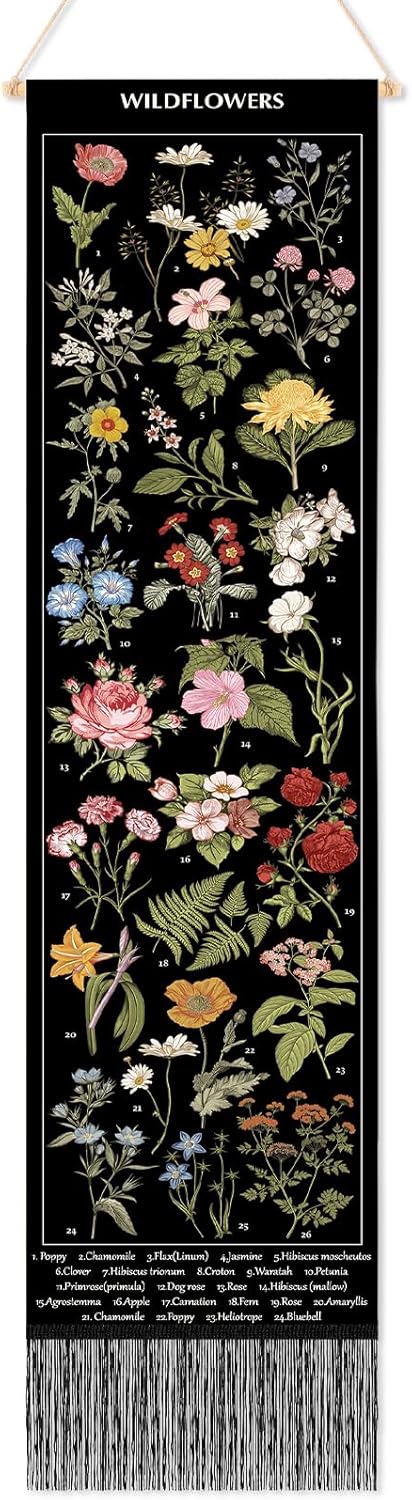 Geetery Vintage Floral Vertical Tapestry Wall Hanging Decor Long Flower Narrow Botanical Fabric Wall Art Hanging Reference Illustrative Tassel Tapestry for Bedroom Living Room Home Decor Gift(White)