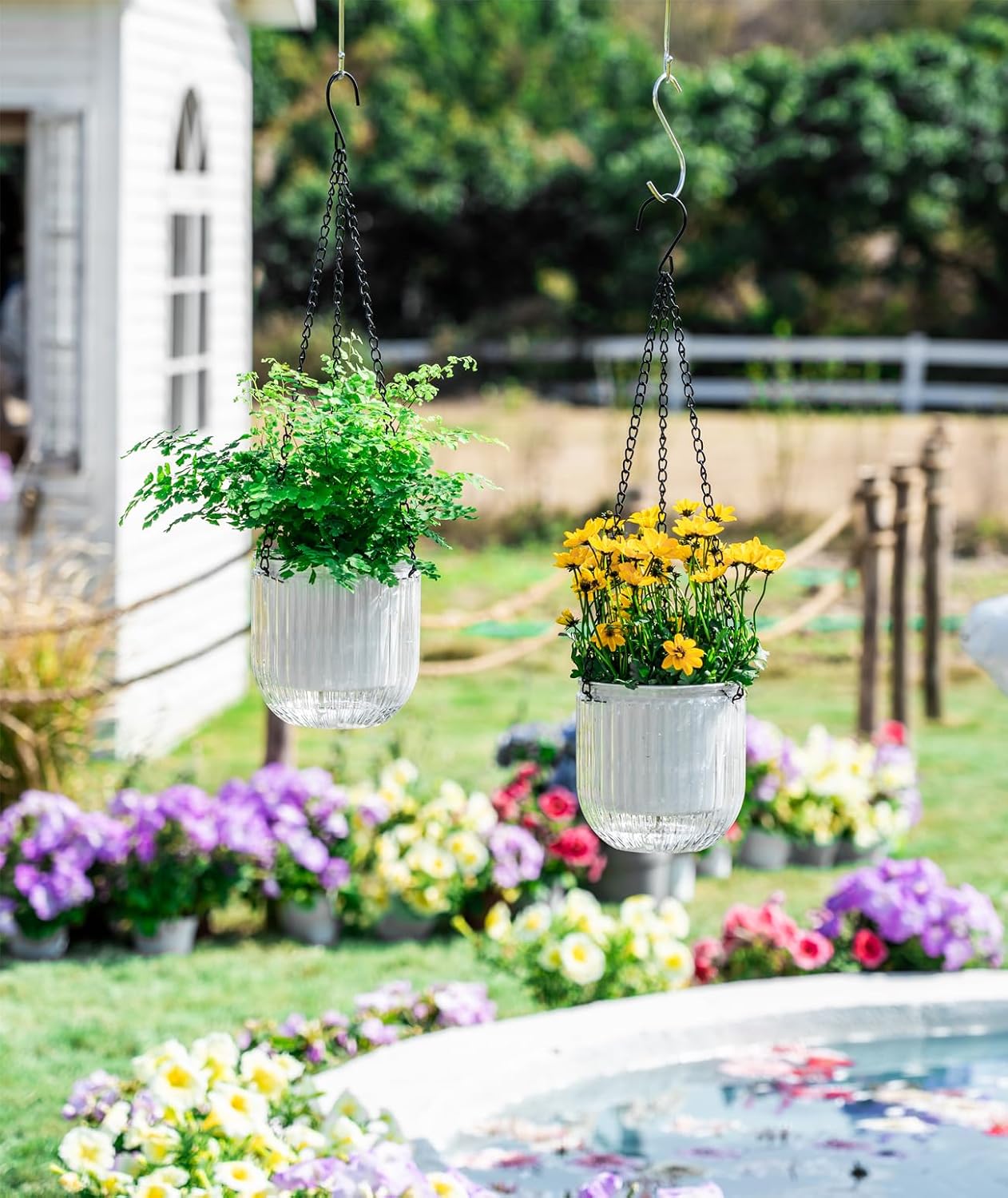 Melphoe 2 Pack Self Watering Hanging Planters Indoor Flower Pots, 6.5 Inch Outdoor Hanging Basket, Plant Hanger with 3Hooks Drainage Holes for Garden Home (Emerald)