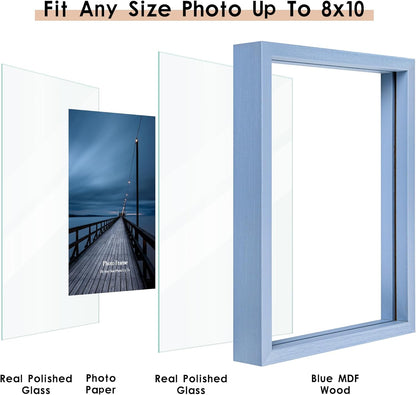 MUYE 11x14 Floating Frame Set of 2,Double Glass Rustic Frame,Display Any Size Photo up to 11x14,Wall Mount or Tabletop Standing,Natural