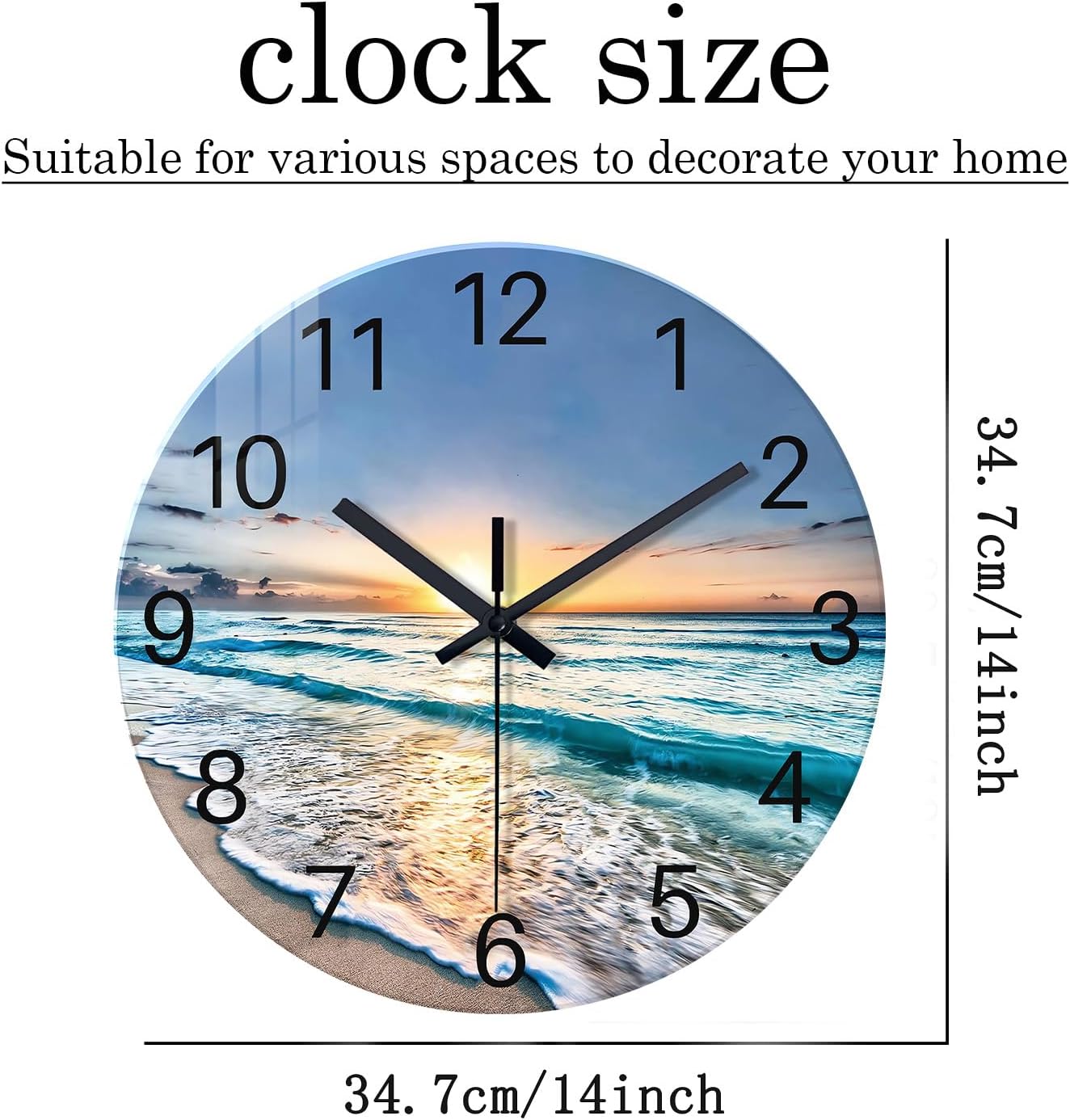 Beach Wall Clock Battery Operated 12 Inch Glass Wall Clock Non Ticking Analog Blue Wall Clocks for Bedroom Living Room Office Decor
