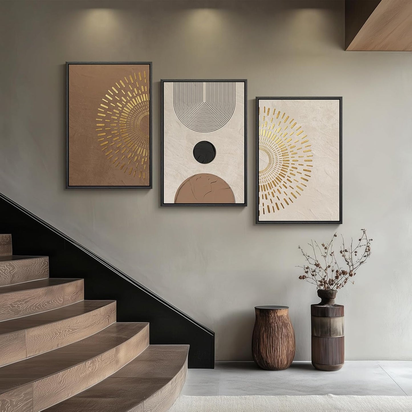 Large Framed Neutral Abstract Wall Art for Living Room, 3 Piece Modern Canvas Prints Paintings Artwork for Walls, Black and Beige Pictures for Living Room Hallway Stair Office Wall Decor 24x36 Inch
