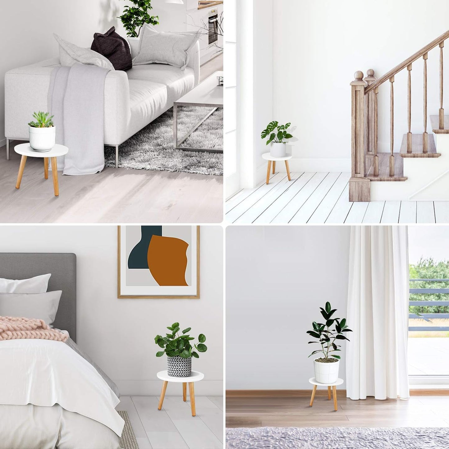Uneedem Wood Mid Century Plant Stand for Indoor Plants, Modern Table, Tall Holder for Flower Pots, Small Round Side/End Table(A2 White, High: 16.5")