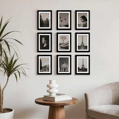 12x12 Picture Frame Set of 9, Display Pictures 8x8 with Mat or 12x12 without Mat, Multi Collage Gallery Square Photo Frames for Wall or Tabletop, Black