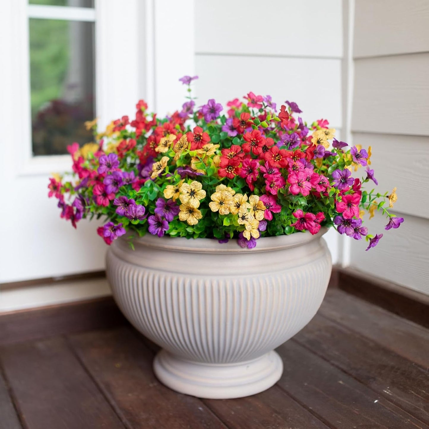 HyeFlora Artificial Flowers for Outdoor Indoor Garden Home Decoration, Faux Flower Daisy with Eucalyptus Leaves Fake Plants Greenery Boxwood Porch Patio, 12 Bundles (Mix Pink Red Purple Yellow)