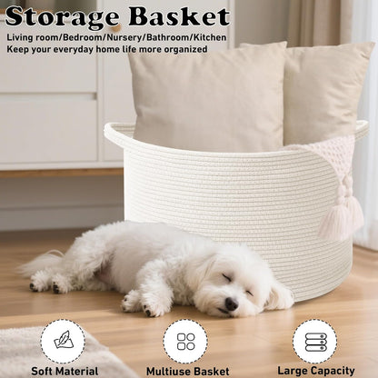 Large Woven Blanket Basket,65L Cotton Rope Laundry Basket Hamper with Handles, Decorative Nursery Basket Storage Bin for Toys, Clothes Organizer, Living Room, Bedroom, Bathroom, White & Brown