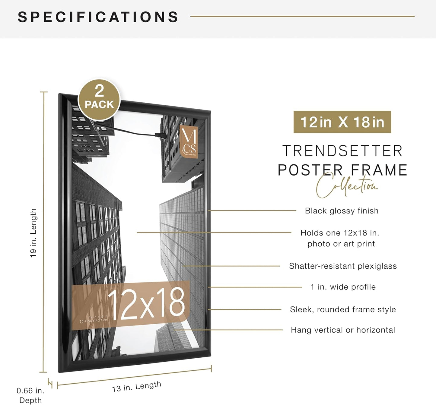 MCS Trendsetter 24x36 Poster Frame Black High-Gloss, Vertical & Horizontal Wall Hanging Large Picture Frame for Photos, Posters & Art Prints (1-Pack)