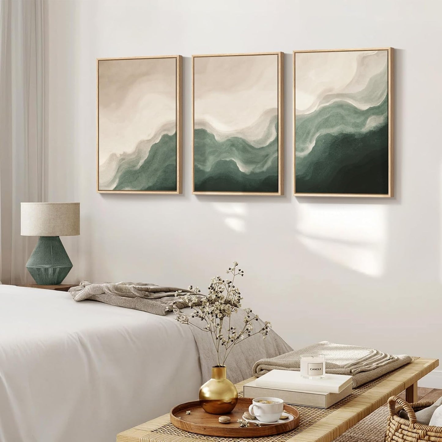Large Framed Abstract Nature Landscape Wall Art for Living Room, Set of 3 Modern Canvas Prints Paintings Artwork for Walls, Green Lake Pictures for Hallway, Dining Room, Office Wall Decor 24x36 Inch