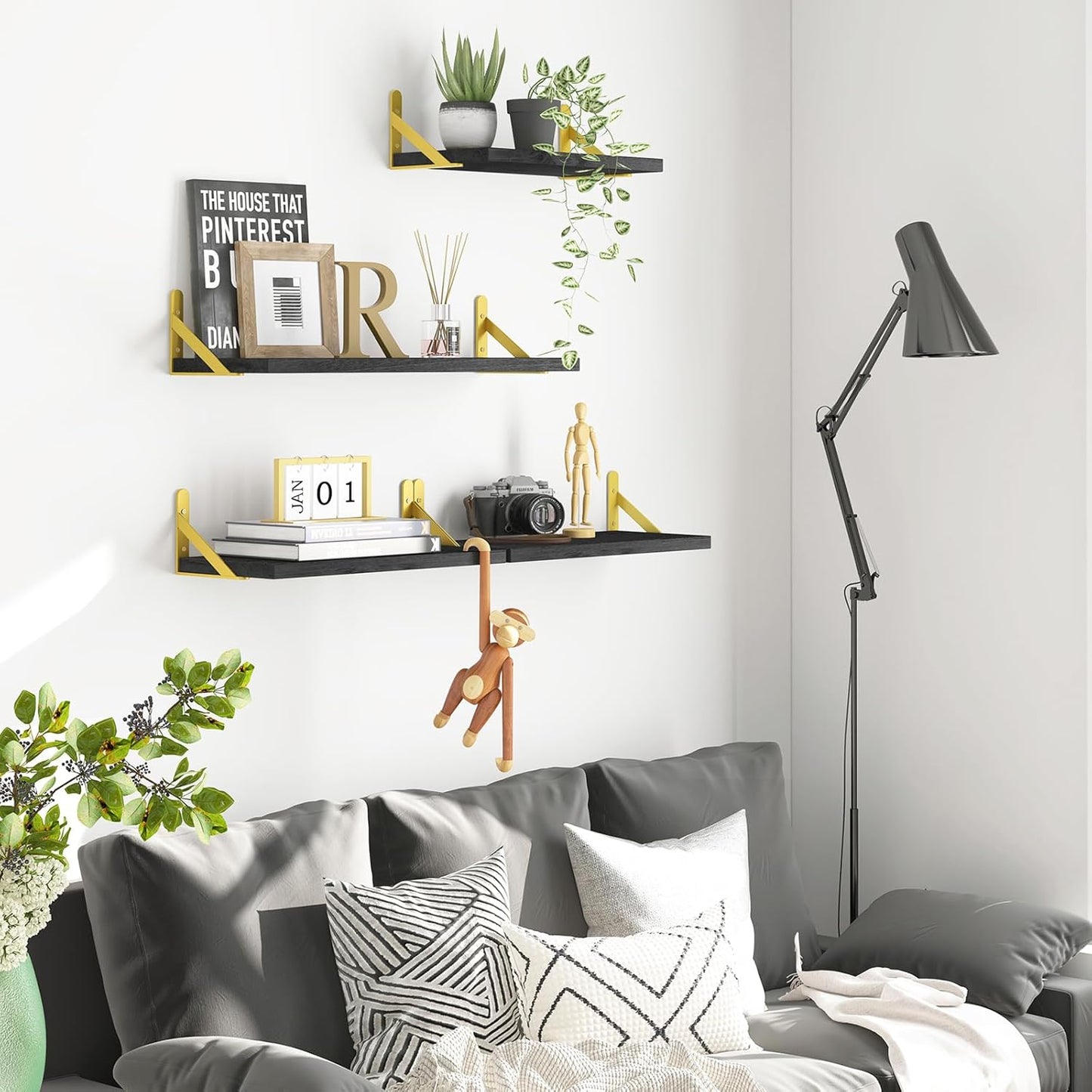 YGEOMER Floating Shelves for Wall, Different Sizes Dark Carbonized Brown Wall Shelves for Living Room, Bathroom, Bedroom, Kitchen, Home Decor (Set of 4)