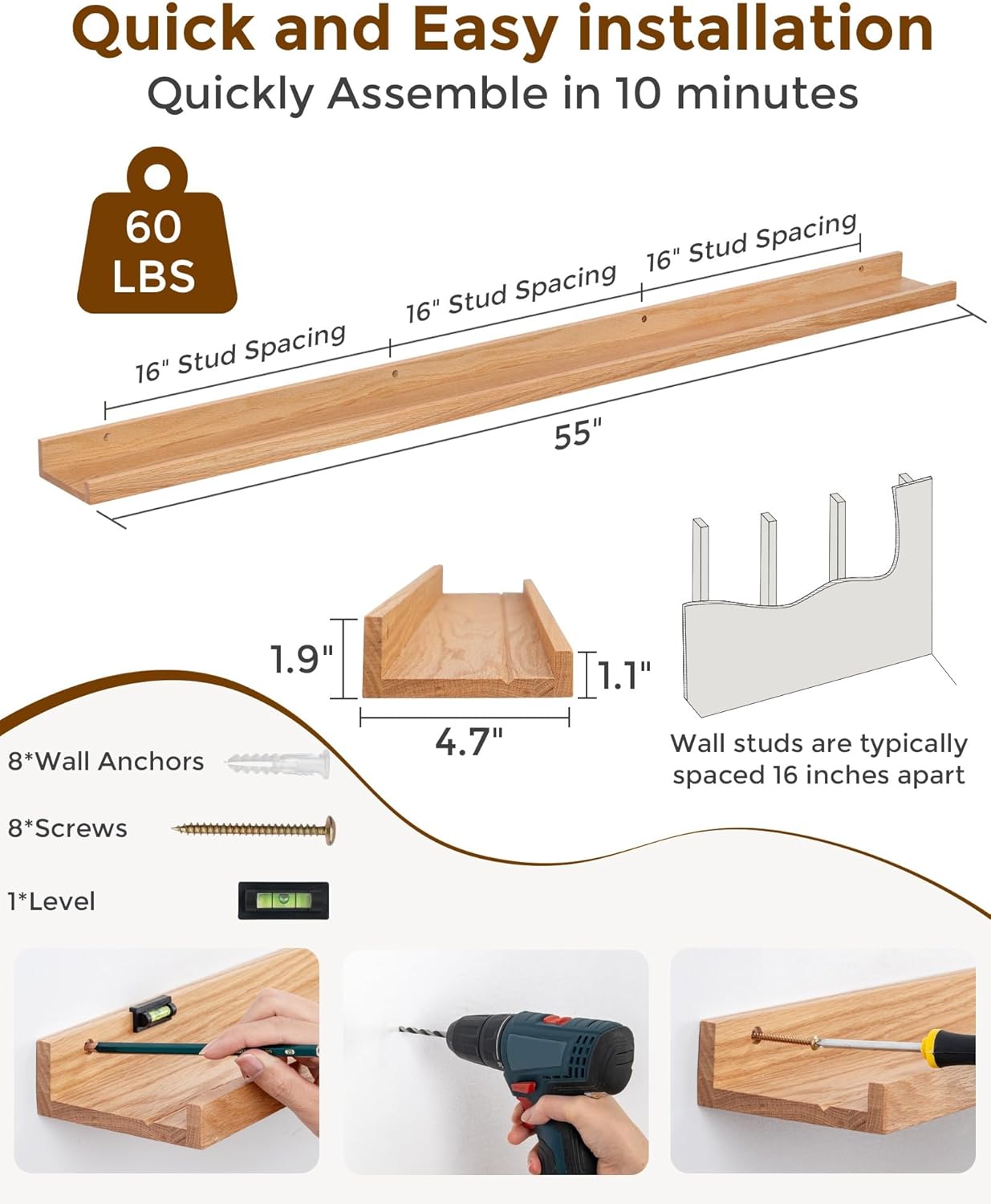 Axeman Oak Picture Ledge Shelf, 48 Inch Floating Shelves Set of 2, Solid Oak Wood Wall Shelves with Lip, Wall Decor Storage for Bedroom Living Room Bathroom Kitchen Nursery Photo Picture, Natural Oak