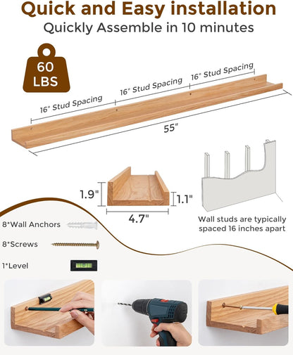 Axeman Oak Picture Ledge Shelf, 48 Inch Floating Shelves Set of 2, Solid Oak Wood Wall Shelves with Lip, Wall Decor Storage for Bedroom Living Room Bathroom Kitchen Nursery Photo Picture, Natural Oak
