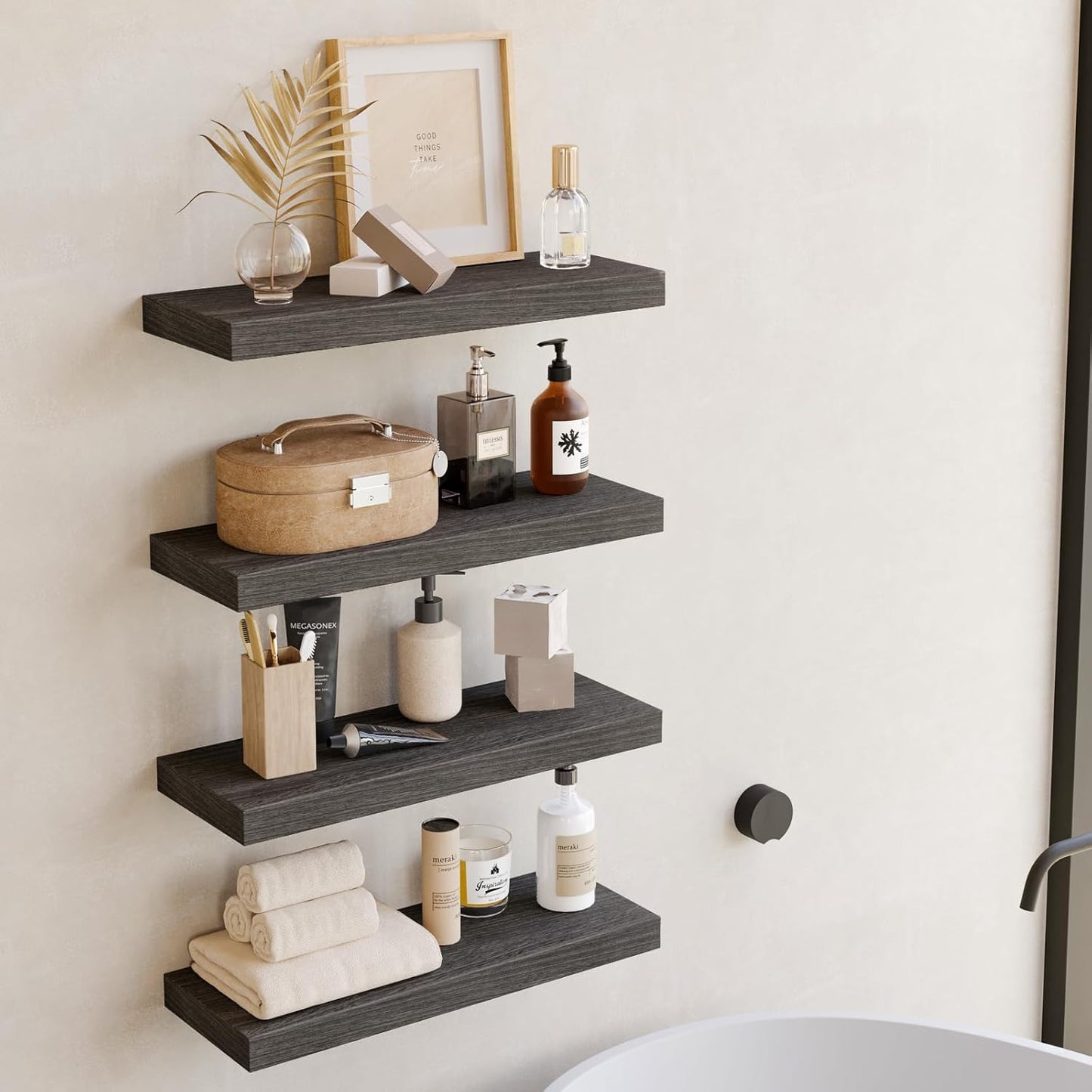 Fixwal Black Floating Shelves for Wall, Rustic Wood Shelves for Bathroom, Living Room, Bedroom and Kitchen, Wall Shelves for Storage, Books, Room Decor (Set of 4, 15.8 Inch)