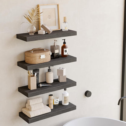 Fixwal Black Floating Shelves for Wall, Rustic Wood Shelves for Bathroom, Living Room, Bedroom and Kitchen, Wall Shelves for Storage, Books, Room Decor (Set of 4, 15.8 Inch)