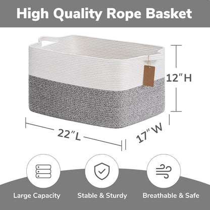 Goodpick Woven Storage Basket, Cotton Rope Basket for Dog Toys, Books, Stylish Gift Basket with Handles, 13 x 10 x 9 Inches Square Baskets for Organizing, Brown and White