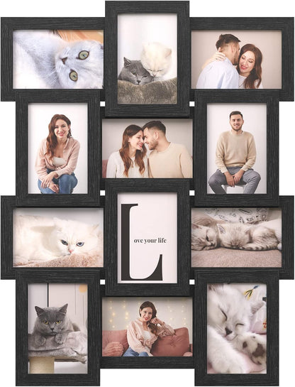 SONGMICS Collage Picture Frames, 4x6 for Wall Decor, Multi Family Photo for Gallery Decor, Hanging Display, Set of 12, Rustic Brown URPF026X01