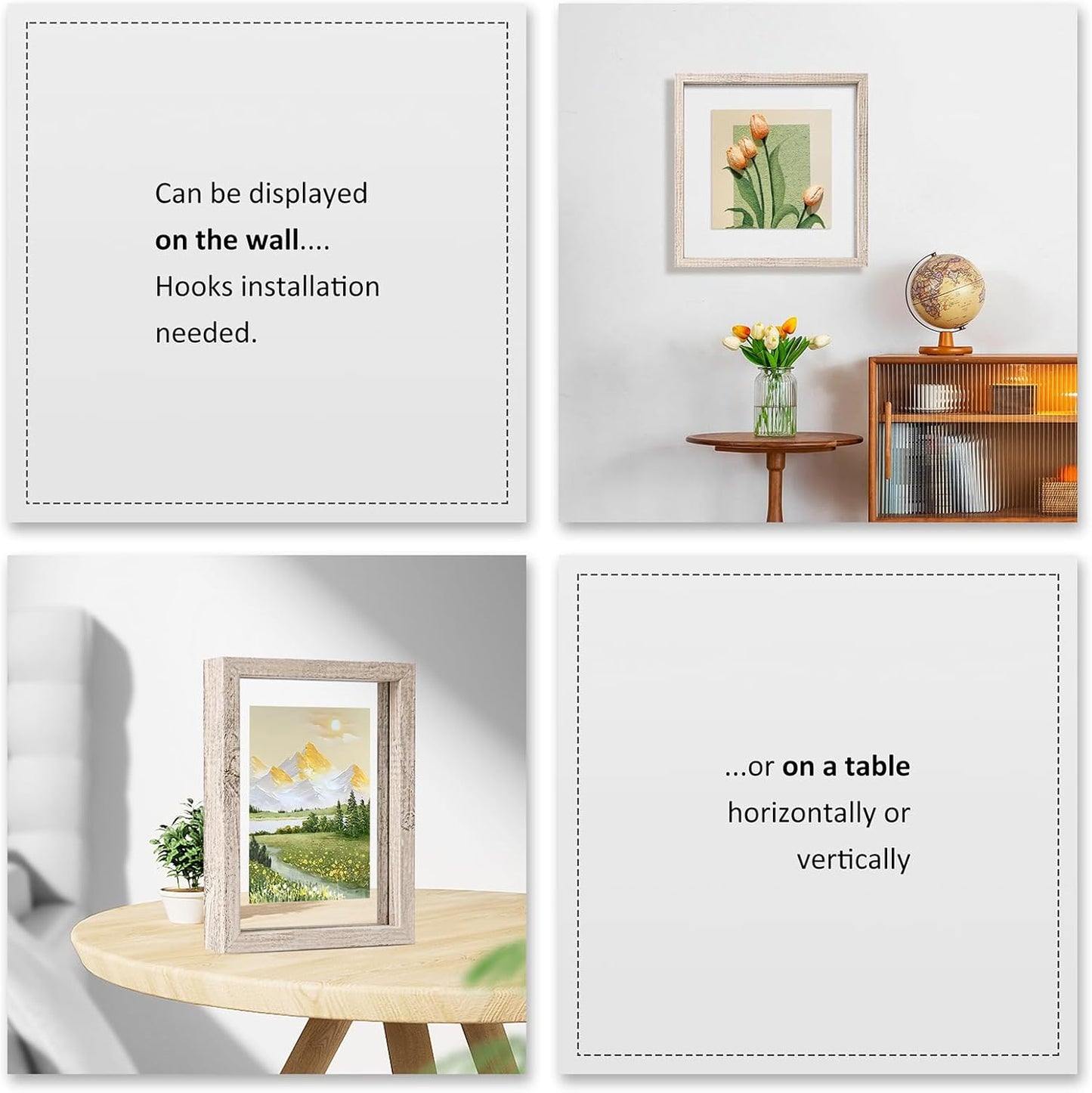 MUYE 11x14 Floating Frame Set of 2,Double Glass Rustic Frame,Display Any Size Photo up to 11x14,Wall Mount or Tabletop Standing,Natural