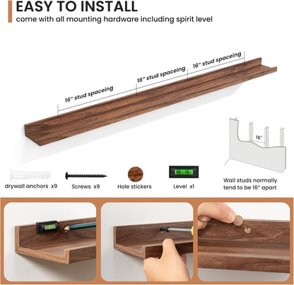 Fun Memories Picture Ledge Shelves Set of 2, 32 Inch Rustic Wall Mounted Floating Shelves with Lip for Home Storage and Décor in Bathroom, Kitchen, Nursery, Bedroom, Living Room, Walnut