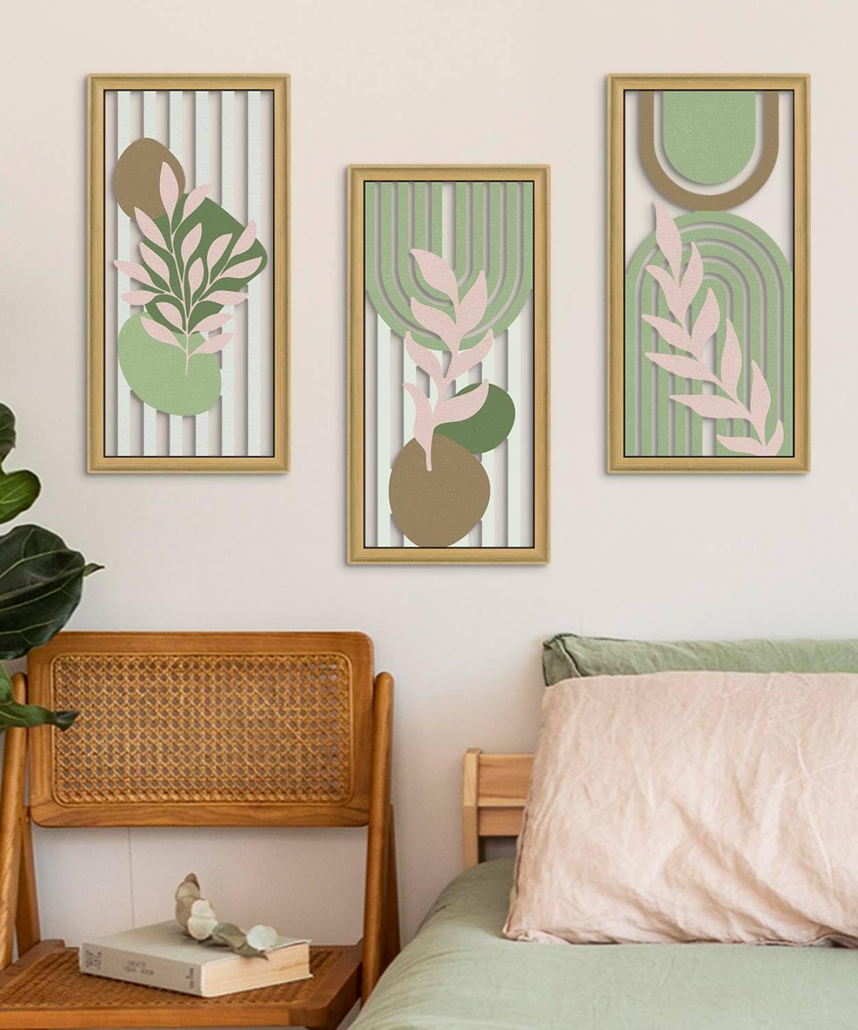 Putuo Decor Boho Abstract Wall Art, Set of 3, Modern Botanical Wooden Wall Decor, Blue Mid-Century Minimalist Framed Artwork for Living Room Bedroom, Office