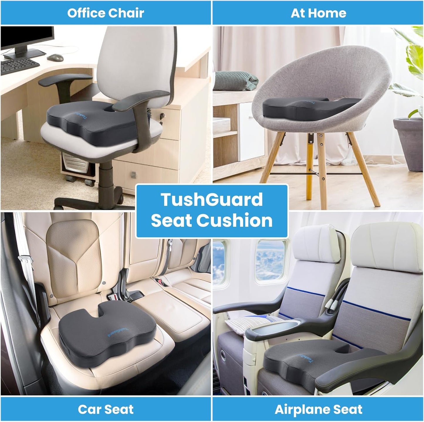 TushGuard Seat Cushion for Office Chair Memory Foam Non-Slip Cushion Back, Relief Chair Pad, Butt Pillow for Office Chair, Car, Computer Desk, Black