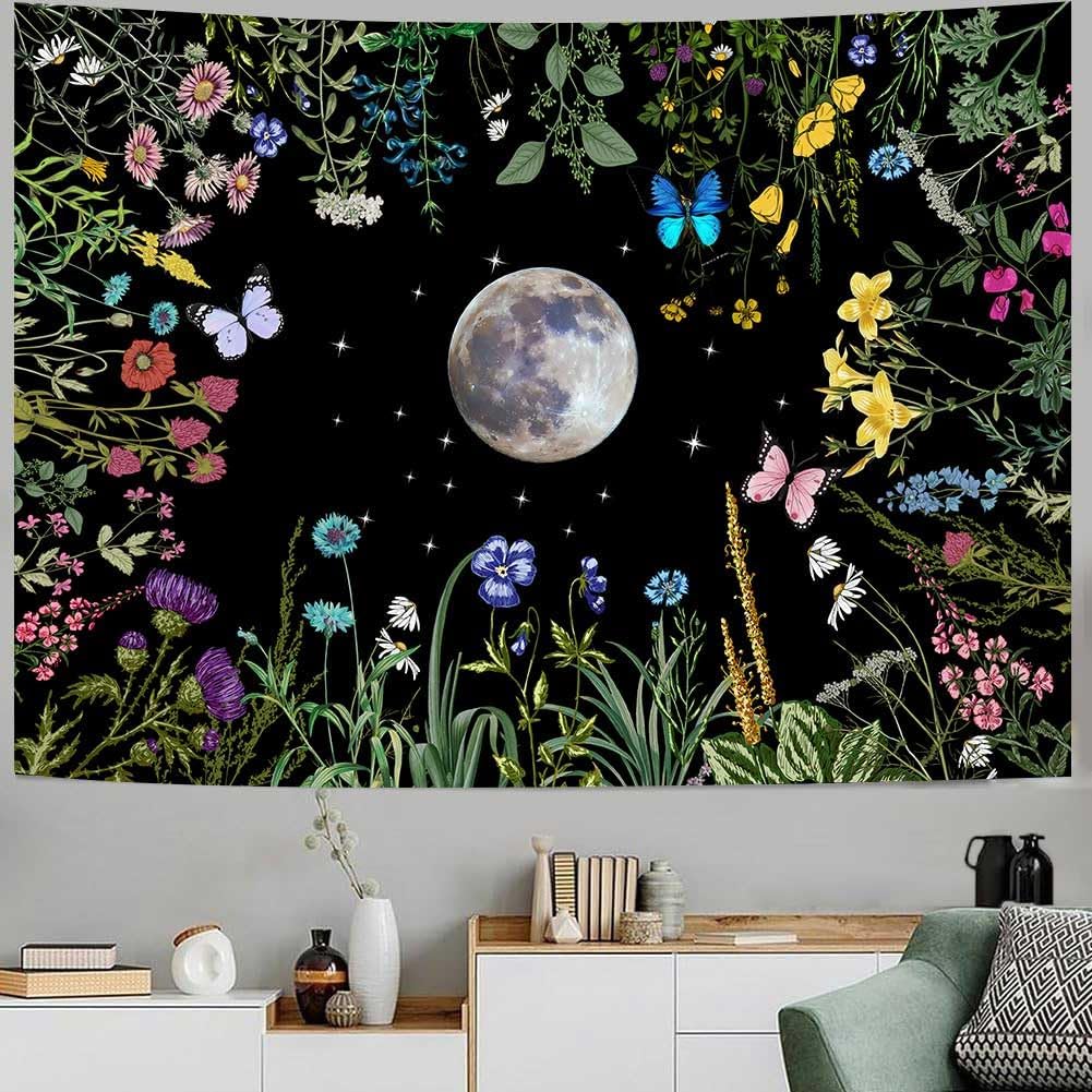 TPMDFC Moon Garden Tapestry, 80x60inch, Boho Moon Floral Tapestry for Bedroom Nature Flowers Plants Tapestries Wall Hanging for Living Room Dorm