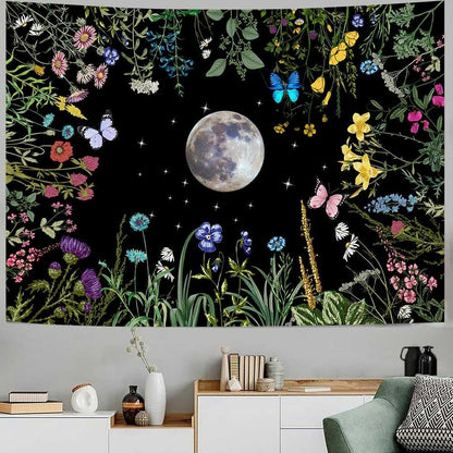 TPMDFC Moon Garden Tapestry, 80x60inch, Boho Moon Floral Tapestry for Bedroom Nature Flowers Plants Tapestries Wall Hanging for Living Room Dorm