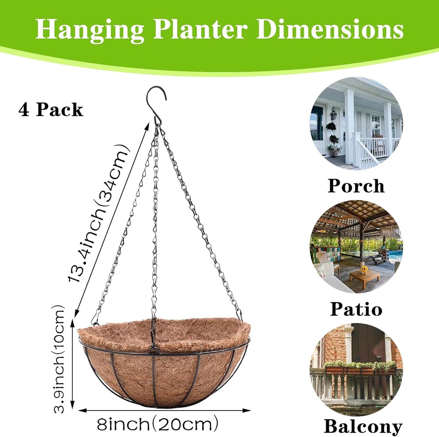 EIMQUVW 4 Pack Hanging Planter Basket with Coco Coin Liner 8 inch Hanging Flower Pots Outdoor Decorative Round Wire Plant Holder with Chain Metal Hanging Baskets for Plants Outdoor