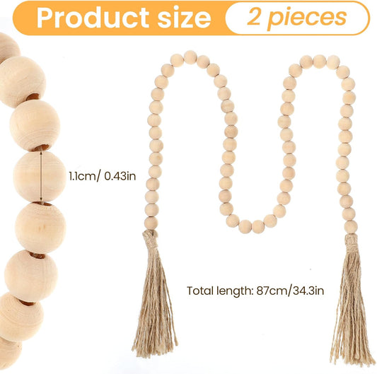 2Pcs 34in Wood Bead Garland with Tassels, Natural Wooden Beads Garland, Boho Decorative Beads Home Decor for Coffee Table, Wall, Shelf, Tray, Vase, Living Room, Bedroom