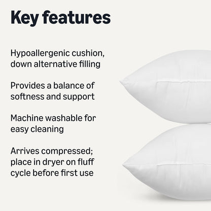 Amazon Basics Square Hypoallergenic Pillow Insert, Down Alternative Fiberfill, Sofa Bed Couch Decorative Stuffer, 18", 2-Pack