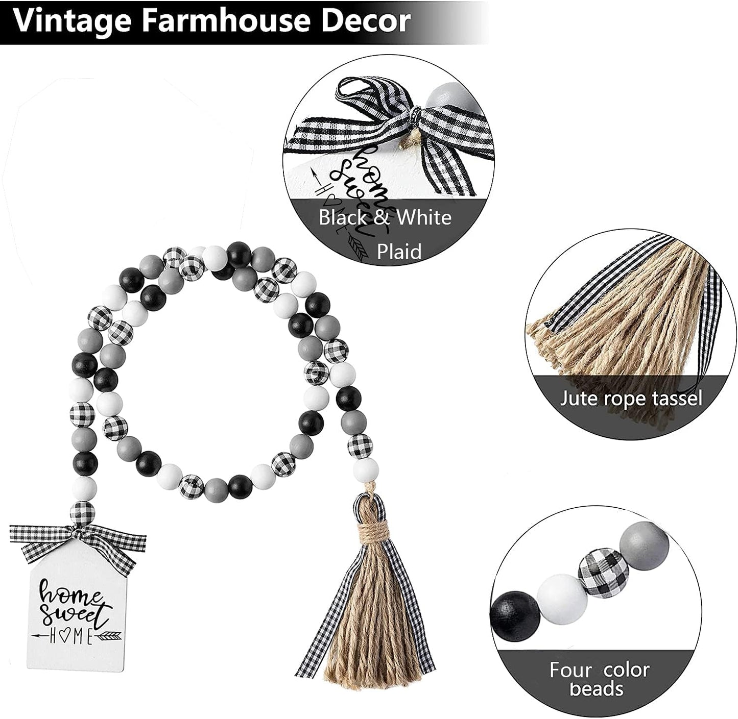 Farmhouse Plaid Wood Bead Garland with Tassel 40inch Hanging Decor Home Decorative Home Sign for Farmhouse Tiered Tray Wreath