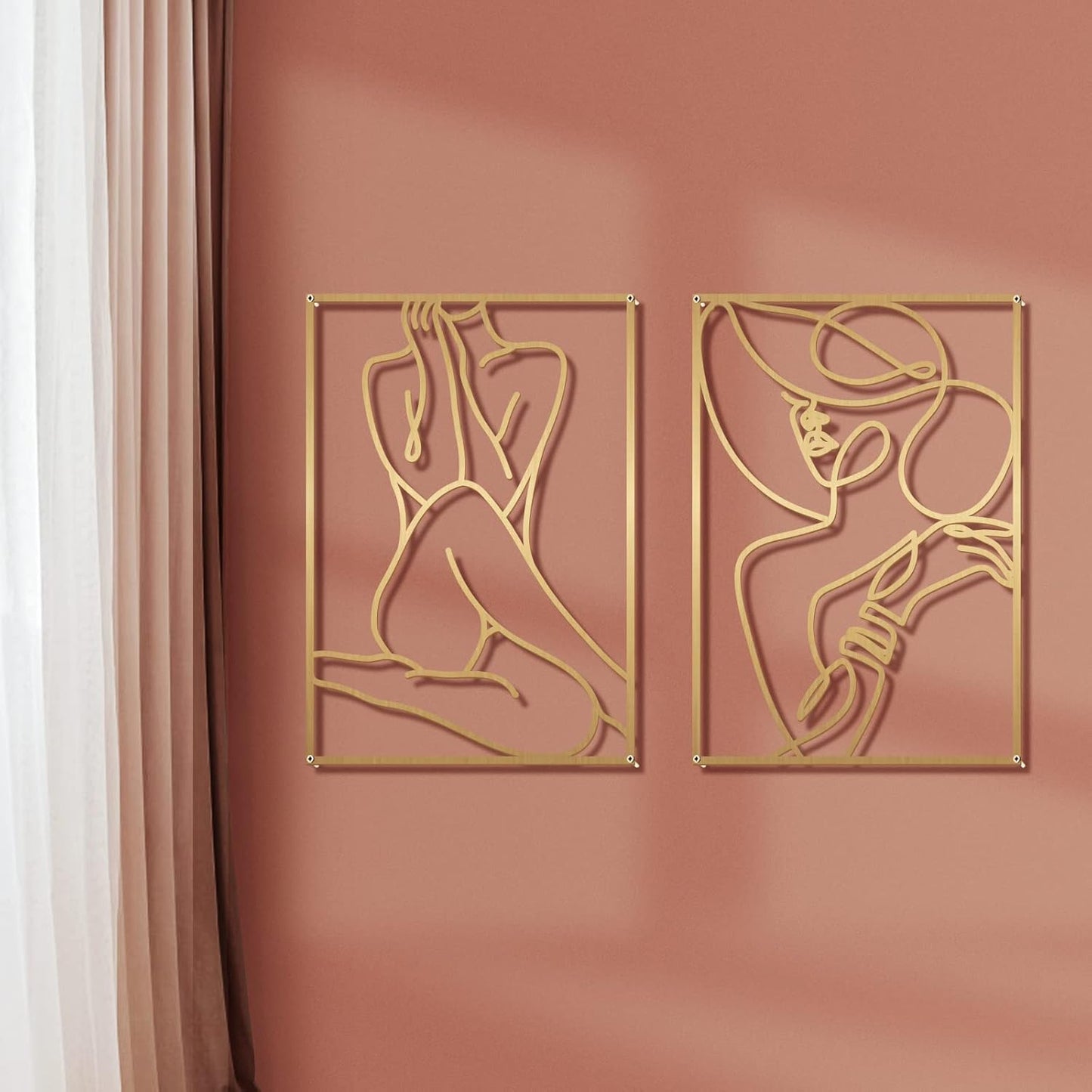Glamativity 4 Pack Gold Wall Art Decor, Minimalist Single Line Real Metal Wall Art, Woman's Body Shape Abstract Wall Art (Gold Classic Style, 17 x 11.8'')