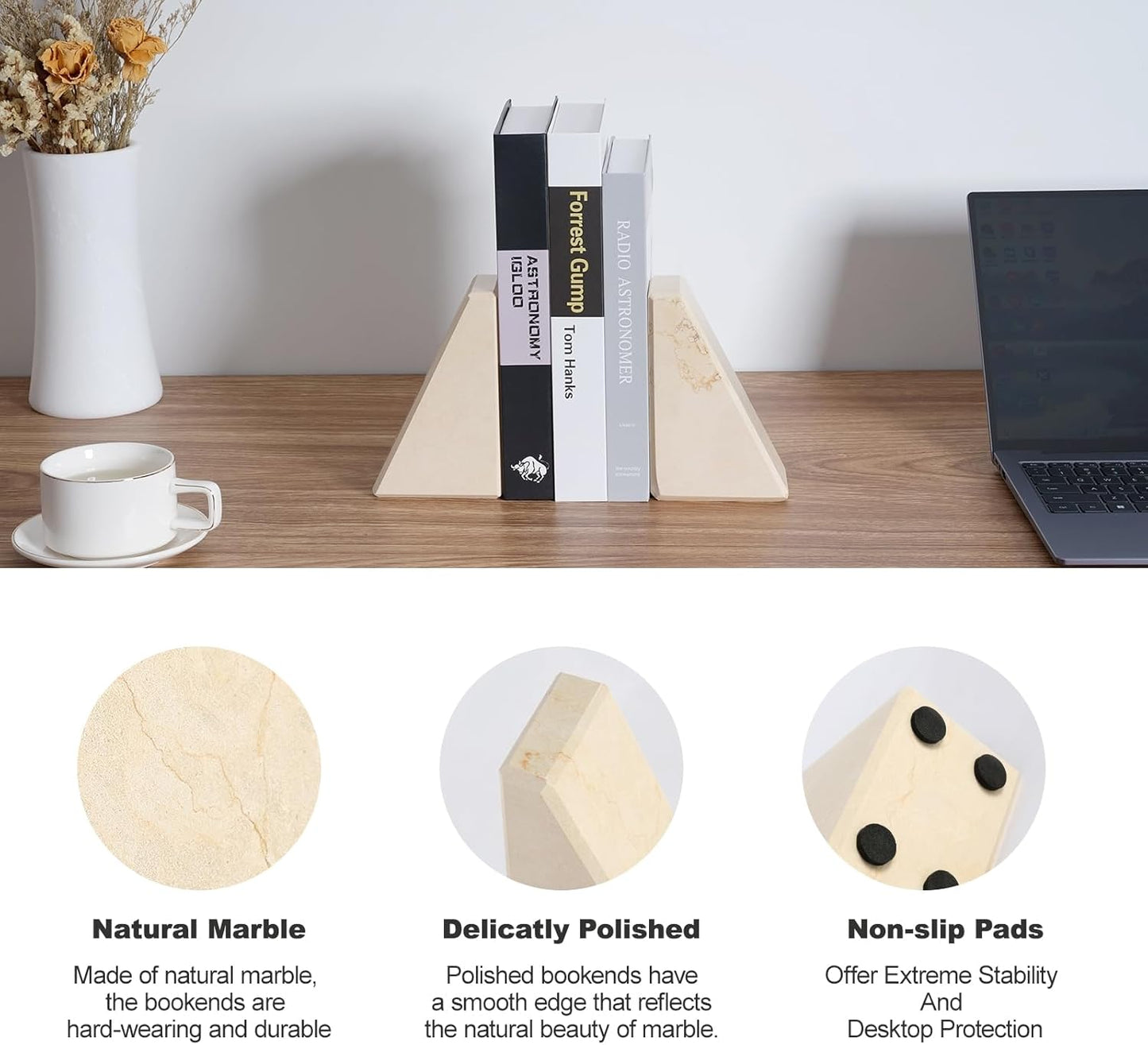 Karibiber Travertine Bookends for Heavy Books, Marble Decorative Bookends for Shelves, Heavy-Duty Stone Book Ends for Hardback Book & Cookbooks, Unique Book Stopper & Holder, Travertino Italy