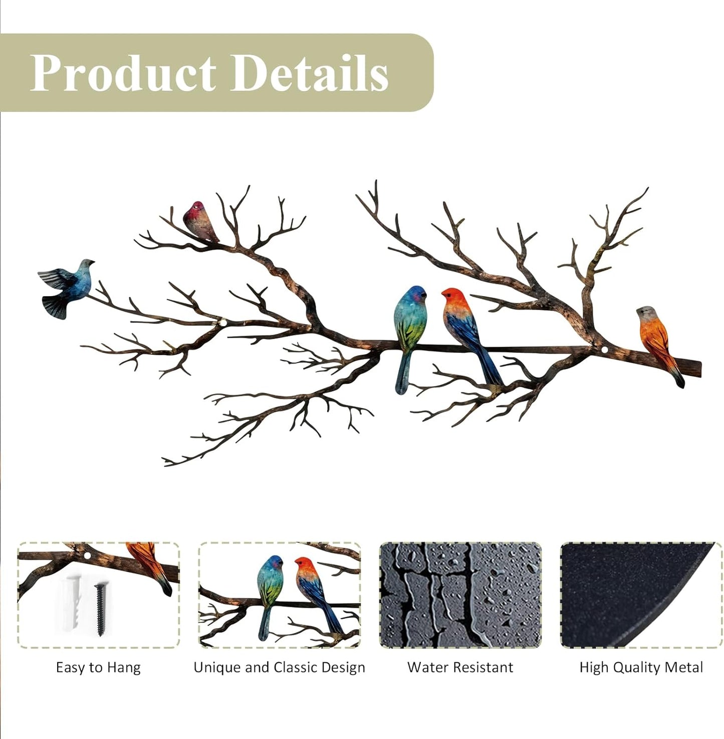 Metal Birds Wall Art, Metal Vivid Birds on Branch Silhouette Wall Decor Black Leaves with Bird Outdoor Hanging Wall Sculpture for Home Balcony Garden(Large)