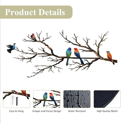 Metal Birds Wall Art, Metal Vivid Birds on Branch Silhouette Wall Decor Black Leaves with Bird Outdoor Hanging Wall Sculpture for Home Balcony Garden(Large)