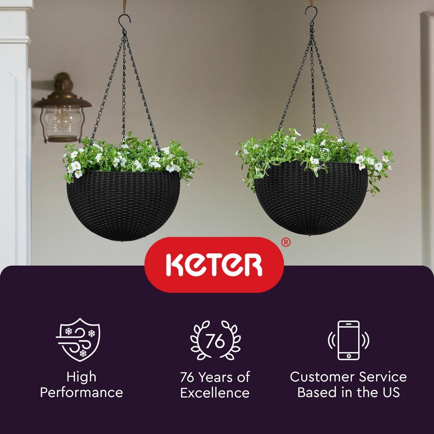 Keter Resin Rattan Set of 2 Round Hanging Planter Baskets for Indoor and Outdoor Plants-Perfect for Porches and Patio Decor, Cappuccino