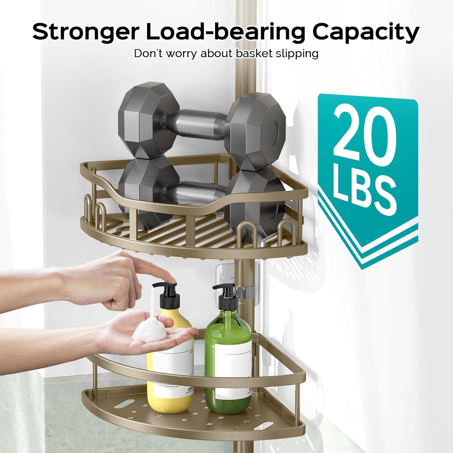 HAMITOR Corner Shower Caddy Tension Pole: Rustproof 4-Tier Bathroom Organizer Shelves for Bathtub Shampoo Storage - 47-121 Inch Quick Install Adjustable Rod Standing Rack with Soap Rack - Silver Gray