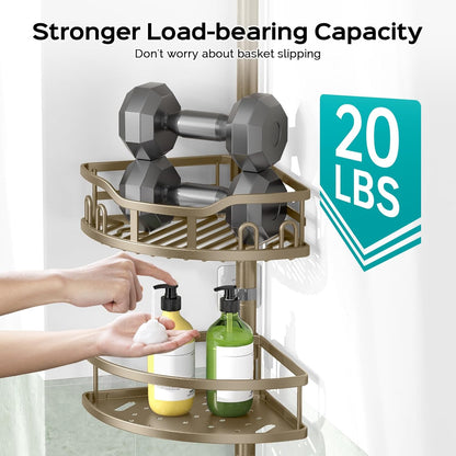 HAMITOR Corner Shower Caddy Tension Pole: Rustproof 4-Tier Bathroom Organizer Shelves for Bathtub Shampoo Storage - 47-121 Inch Quick Install Adjustable Rod Standing Rack with Soap Rack - Silver Gray