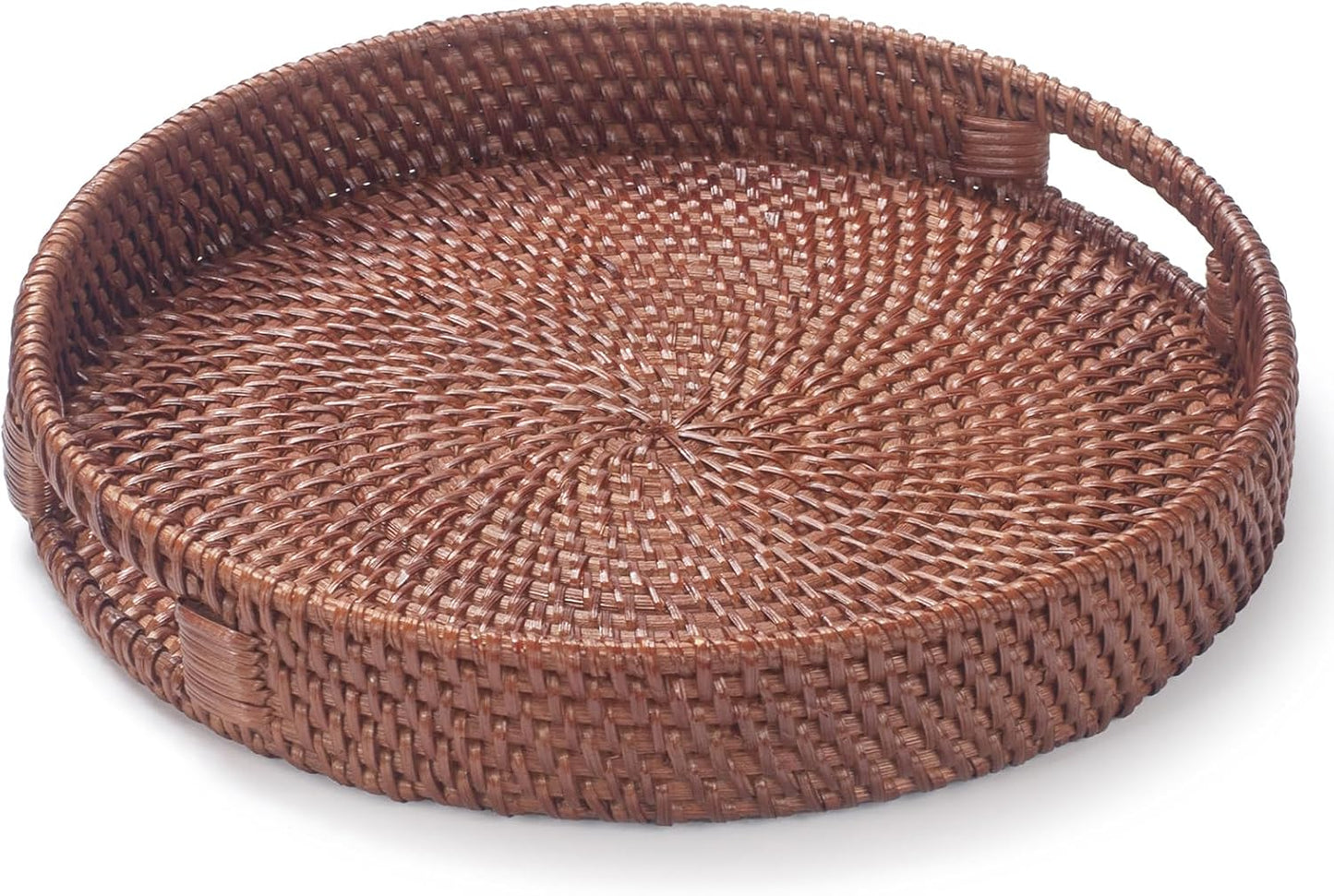 13.8 inch Round Rattan Tray, Decorative Coffee Table Tray, Ottoman Tray, Woven Serving Tray with Handles, Wicker Serving Basket, Whitewash