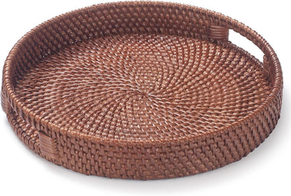 13.8 inch Round Rattan Tray, Decorative Coffee Table Tray, Ottoman Tray, Woven Serving Tray with Handles, Wicker Serving Basket, Whitewash
