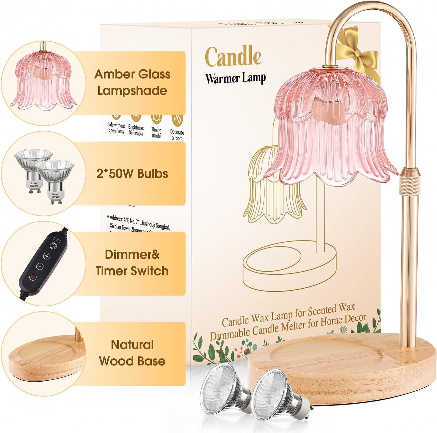 Candle Warmer Lamp Adjustable Timer - Electric Flower Glass Candles Warmers Adjustable Height Dimmable Vintage Base Modern Wax Candles Top Warmers for Small Jar Scented Wax Melts