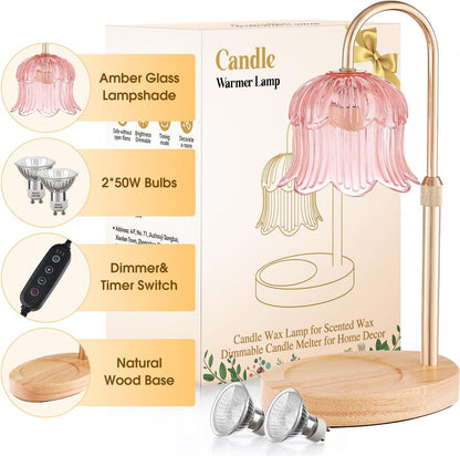 Candle Warmer Lamp Adjustable Timer - Electric Flower Glass Candles Warmers Adjustable Height Dimmable Vintage Base Modern Wax Candles Top Warmers for Small Jar Scented Wax Melts