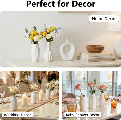 BEAHOT Ceramic Bud Vases Set of 12 - Matte Mini White Jars Bulk | Small White Ceramic Vases for Centerpieces, Wedding Floral Arrangements, DIY Crafts & Boho Table Decor (No Repeating Designs)
