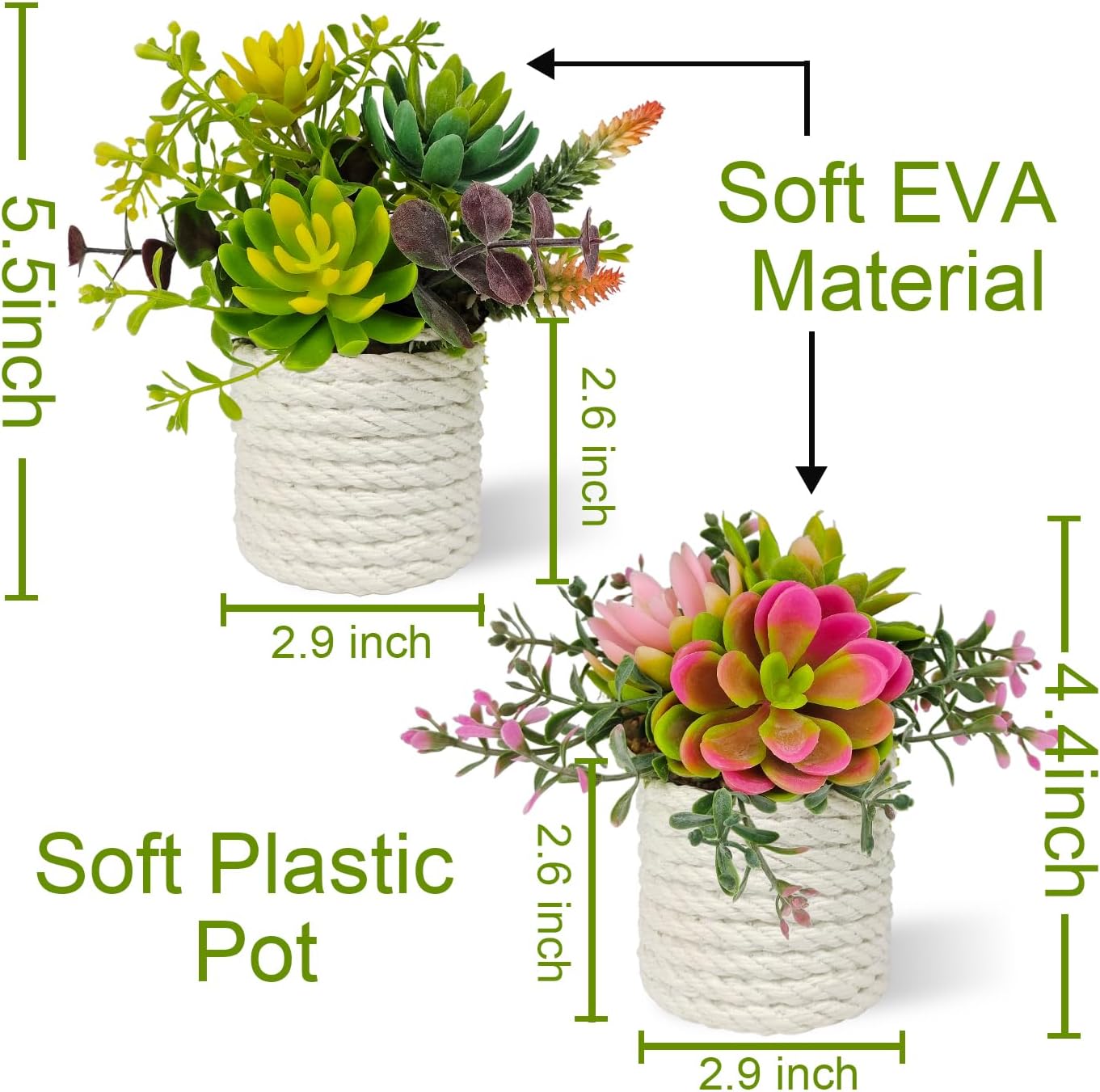 Set of 2 Fake Succulents Plants Artificial Small Succulent Plants Potted for Home Decor Indoor Table Living Room Bedroom Bathroom Shelf Women Office Desk Accessories Decoration (Green)