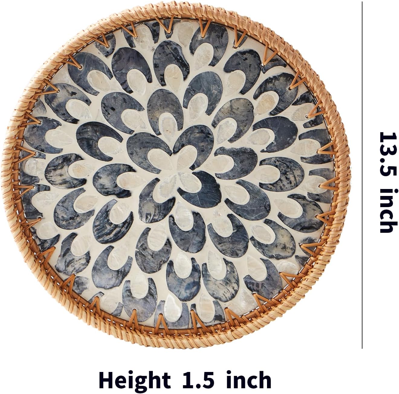 Round Rattan Tray with Mother of Pearl Inlay, Rattan Serving Tray with Wooden Base, Decorative Wicker Basket for Table Decor, Storage and Display of Coffee Bread Food Fruit (Leaf)