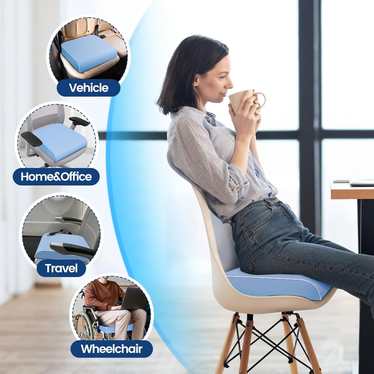 SweetSlubr Seat Cushion for Tailbone Pain Relief, Office Chair Cushion, Memory Foam Large Cushion with Non-Slip Cover for Soft Support at Office Chair, Car Seat, Airplane, Floor Pillow, Black/Large