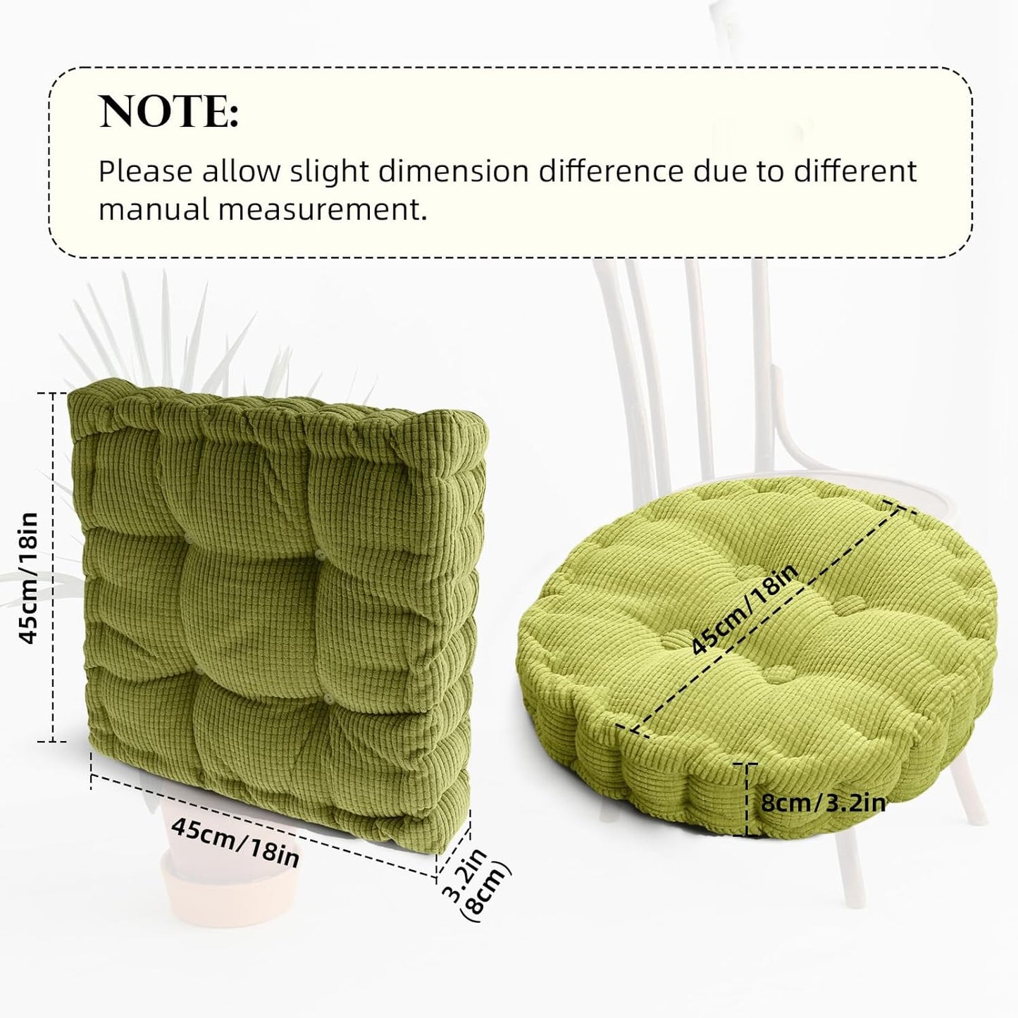 2 Pack Large Square and Round Floor Cushions for Adults Meditation Floor Pillow Green Corduroy Floor Seat Pillows Cushion for Living Room Balcony Tatami Yoga,18x18 Inch