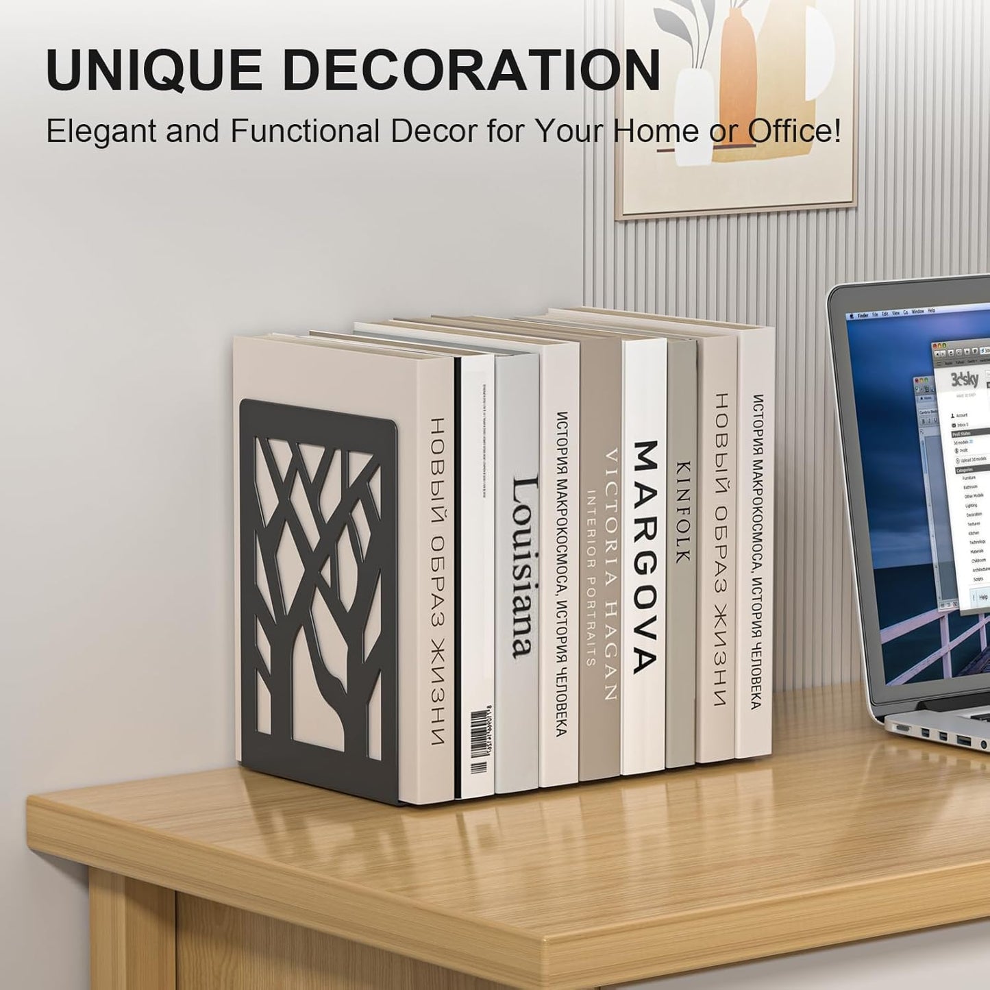 Bookends 4 Pieces, Tree Design Modern Metal Bookends for Shelves, Black Tree Book Ends Decorative Book Organizer for Desk, Decorative Shelve Book Stopper for Home Office