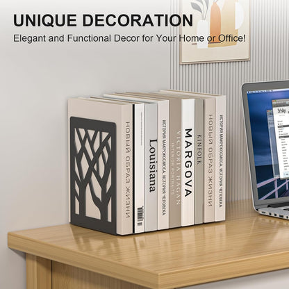 Bookends 4 Pieces, Tree Design Modern Metal Bookends for Shelves, Black Tree Book Ends Decorative Book Organizer for Desk, Decorative Shelve Book Stopper for Home Office