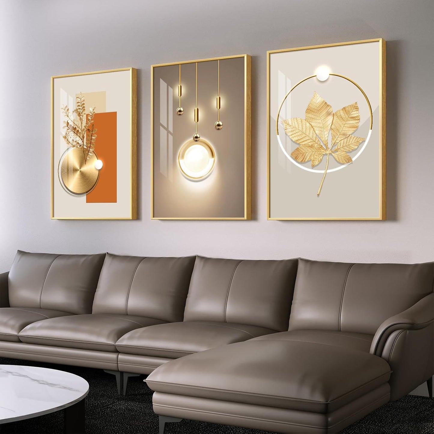 Framed Modern Luxury Gold Wall Art, Set of 3 Piece Contemporary Paintings Artwork for Walls, Golden Prints Pictures with Gold Frame, Wall Decor for Living Room, Hallway, Bedroom, Office 16x24 Inch