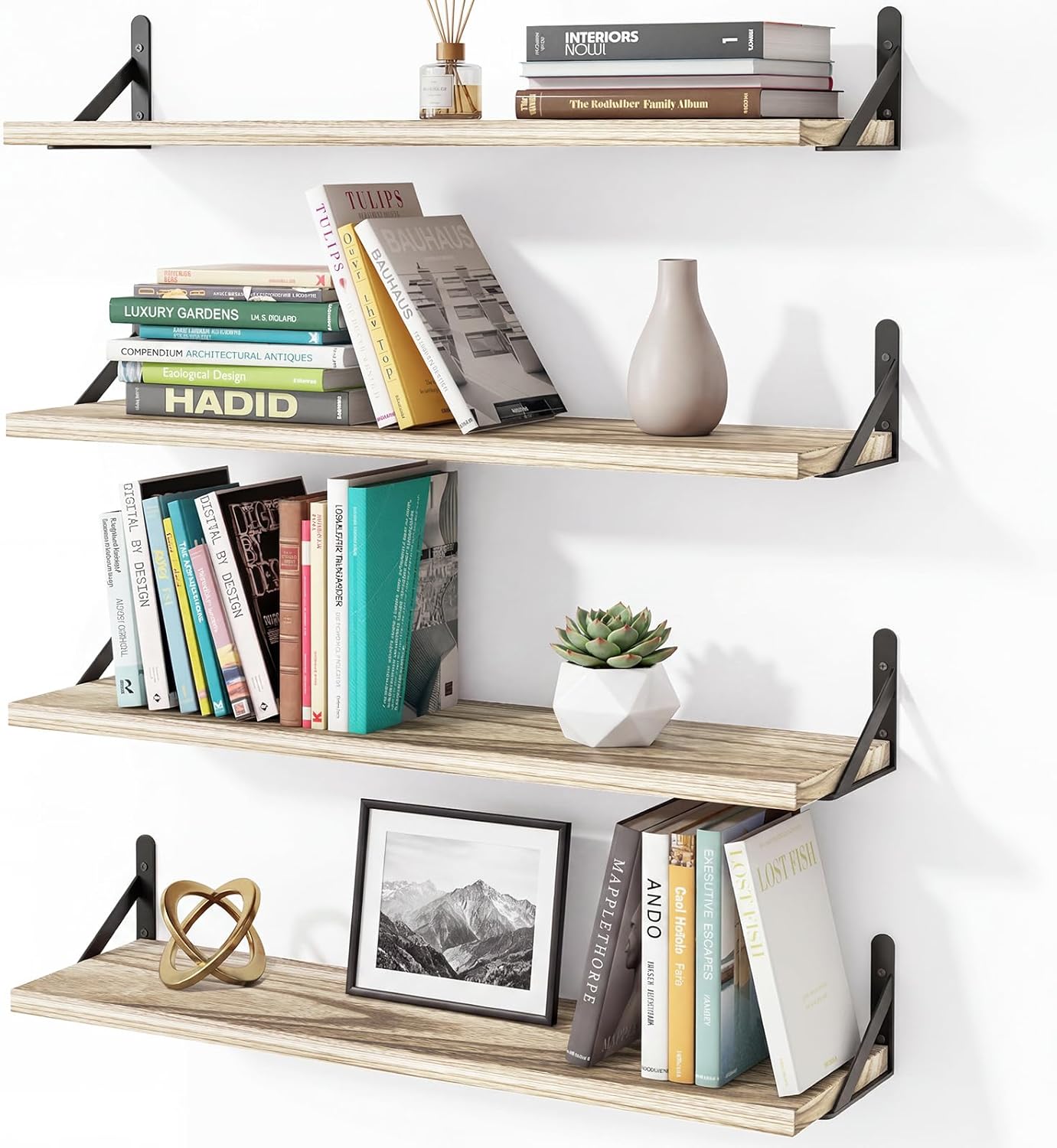 YGEOMER Floating Shelves for Wall, Different Sizes Dark Carbonized Brown Wall Shelves for Living Room, Bathroom, Bedroom, Kitchen, Home Decor (Set of 4)
