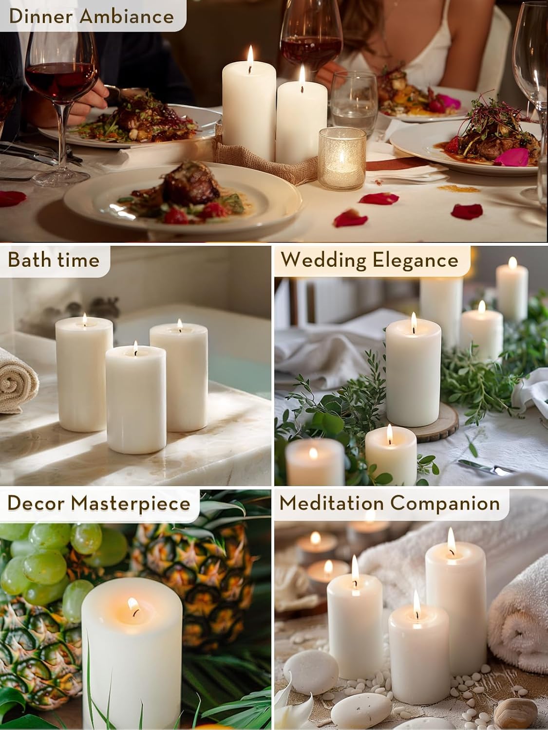 Ashlux 3x4 Inch White Pillar Candles, Set of 3 Wax, 56 Hours Long Burning, Unscented and Dripless Pillar Candles Bulk for Christmas Lights, Wedding, Parties, Spas, Home Decorative