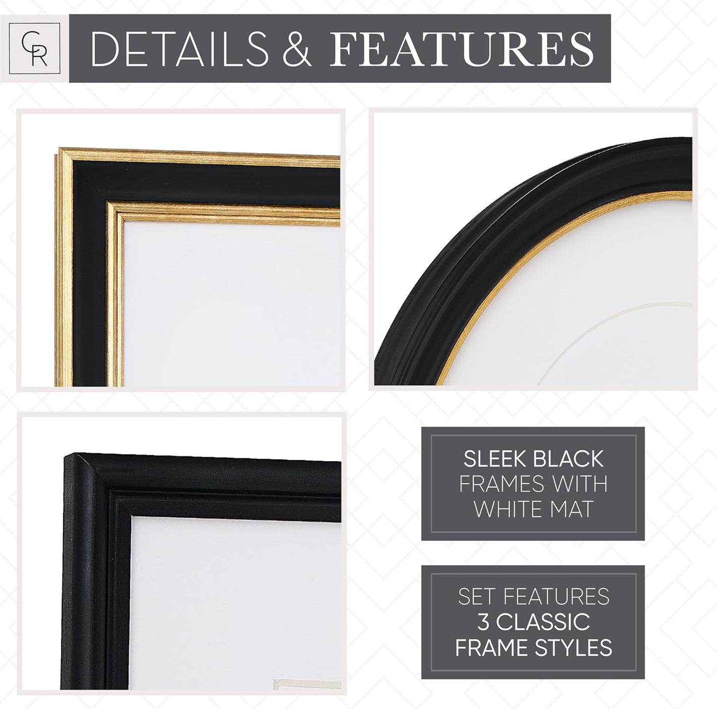 Camden Reed Mixed Gallery Wall Frame Set, (2) 16x20 Inch, (1) 11x14 Inch, and (2) 8x10 Inch, 9 Piece, Brass